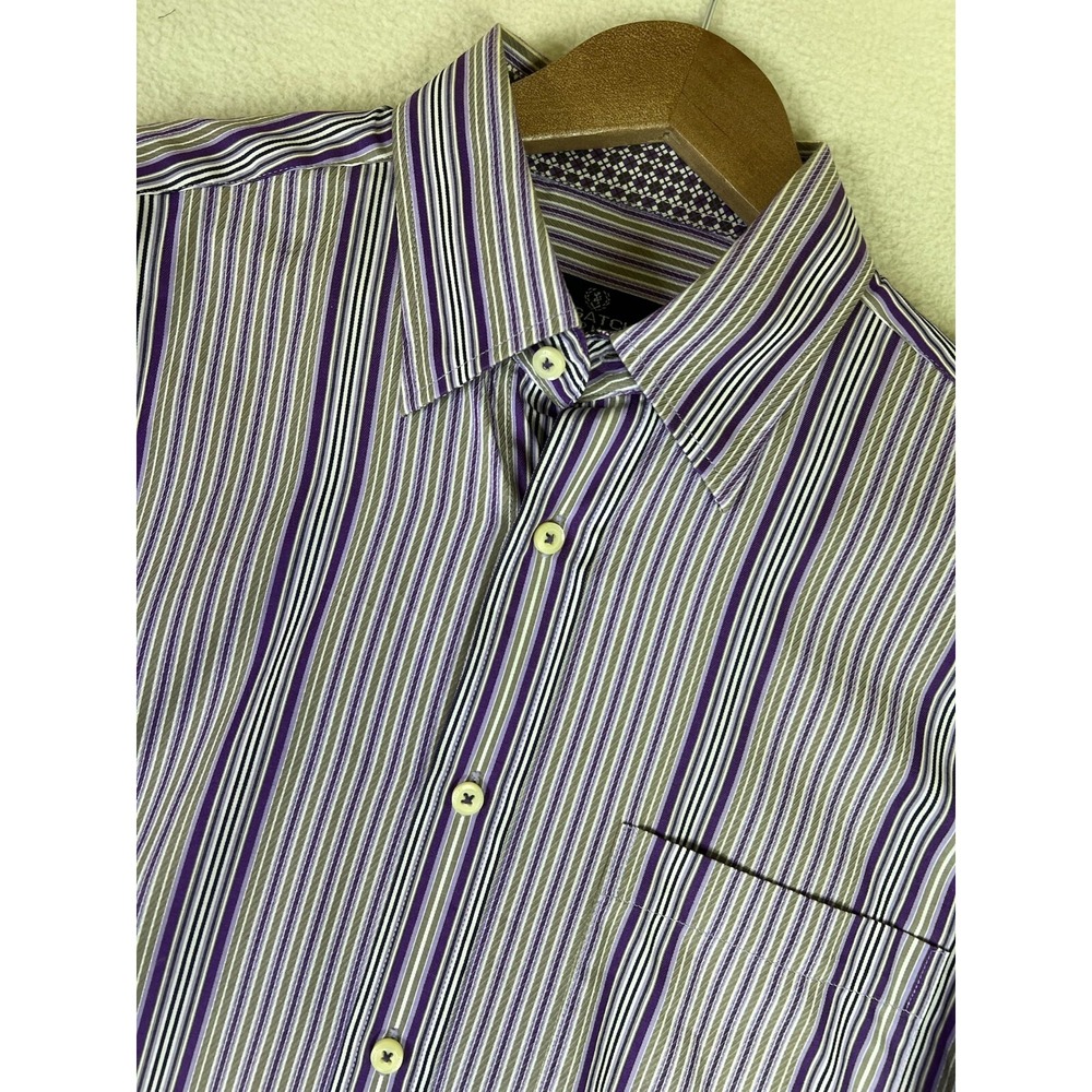 Bugatchi Uomo Shirt Men's Medium Purple Striped Button‎ Up L/S Cotton Casual